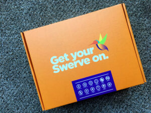 Orange box with Get your swerve on with a beautiful hummingbird