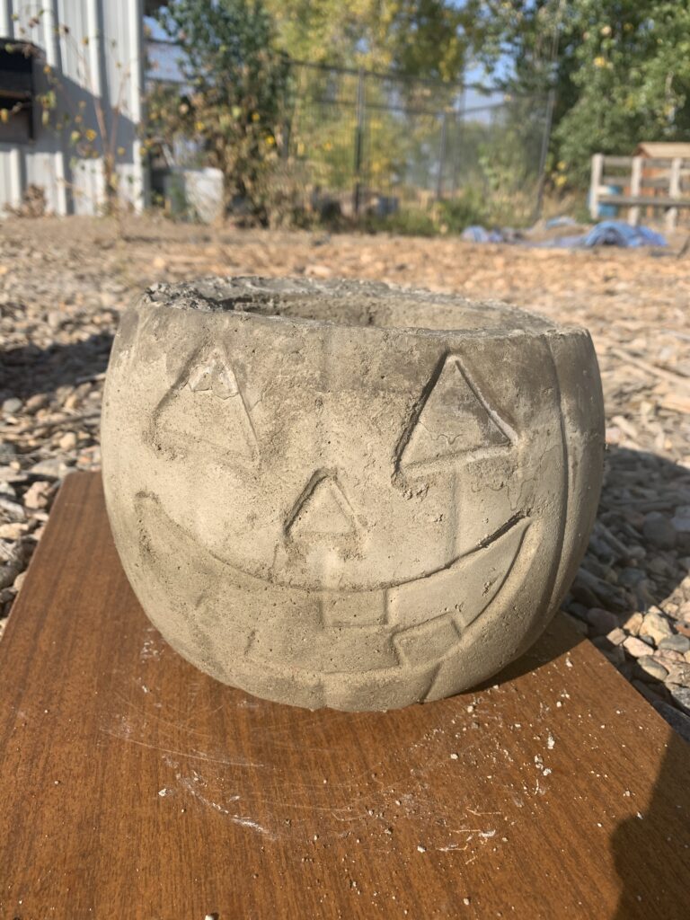 Finished concrete pumpkin 
DIY Concrete Pumpkin these are so fun and easy to make! #diy #diyhalloween #diyfalldecor #diyconcrete pumpkin www.innovativehealthfitness.com