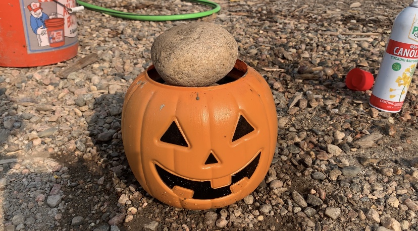 Plastic pumpkin filled with concrete and rocks holding down planter. 

DIY Concrete Pumpkin these are so fun and easy to make! #diy #diyhalloween #diyfalldecor #diyconcrete pumpkin www.innovativehealthfitness.com