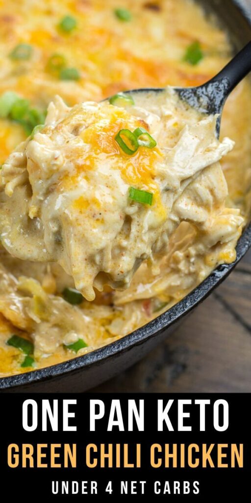 This easy One Pan Keto Green Chili Chicken is the ultimate cheesy low carb casserole! At under 4 net carbs per serving this will be a weekly staple on your keto diet! #keto #onepan 