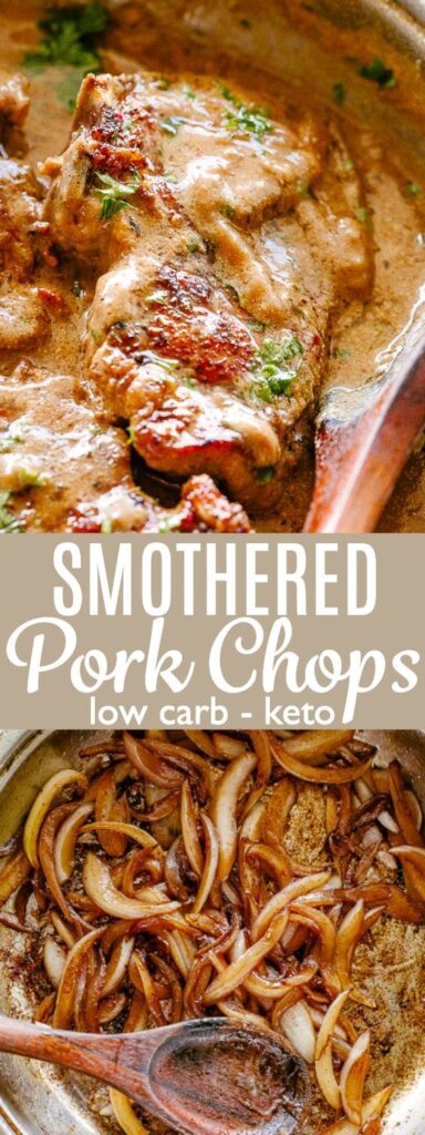 A simple recipe for golden and tender Smothered Pork Chops served in a deliciously creamy and EXTRA flavorful gravy. A pork chops recipe that is low carb, Keto-friendly, gluten free, and very easy to make.#porkchops #keto #lowcarb