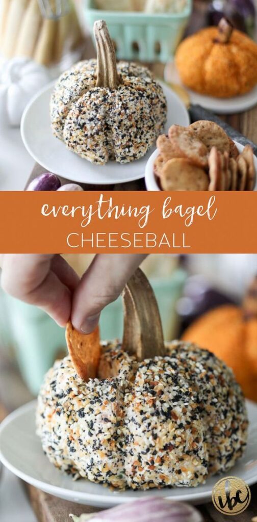 This pumpkin-shaped Everything Bagel Cheeseball is the perfect fall appetizer recipe. #cheeseball #fall #appetizer #autumn #cheese #ball #everythingbagel #everything #bagel