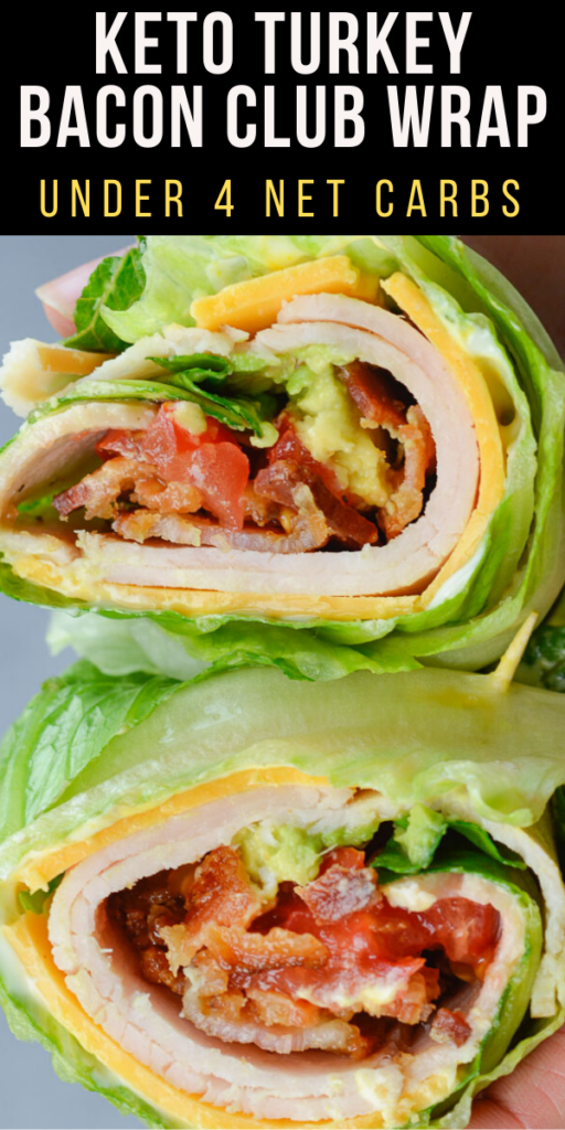 This quick and easy Keto Turkey Club Wrap is loaded with deli turkey, salty bacon, crisp lettuce and tender avocado! The perfect low carb lunch recipe under 4 net carbs! #keto #lettucewrap