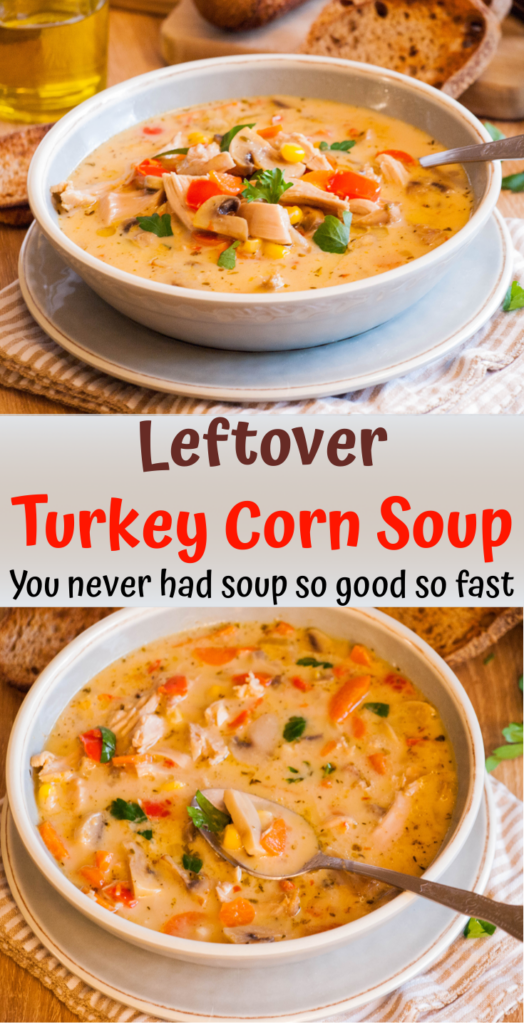 Leftover Turkey Corn Soup – comforting and healthy dish 30 minutes · Gluten free · This slightly creamy easy Leftover Turkey Corn Soup comes together in about 30 minutes and tastes so delicious without extra fat and calories. This soup loaded with protein and vegetables is nutritious, so good for your healthy eating and such a filling comforting dish! And if you don’t have any turkey leftovers on hand, you can make this soup anytime using chicken instead! And what are your ideas to make with leftovers? Leave me a comment below!