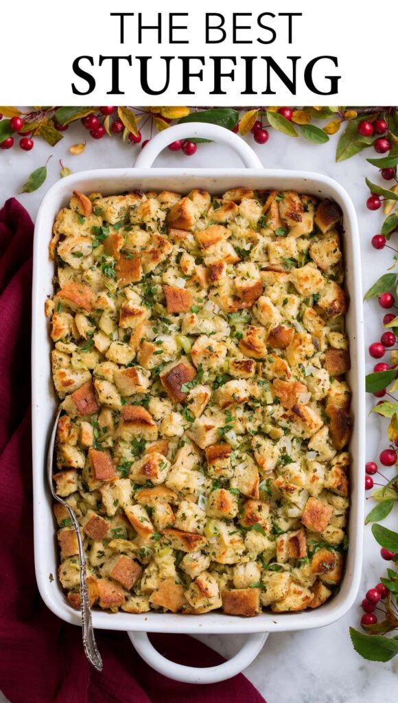  The best stuffing It includes hearty bread, lots of butter, a flavorful blend of aromatics including fresh herbs and vegetables, and it’s finished with nicely seasoned chicken broth to soak it all up. #thanksgiving #beststuffing #thanksgivingstuffing 