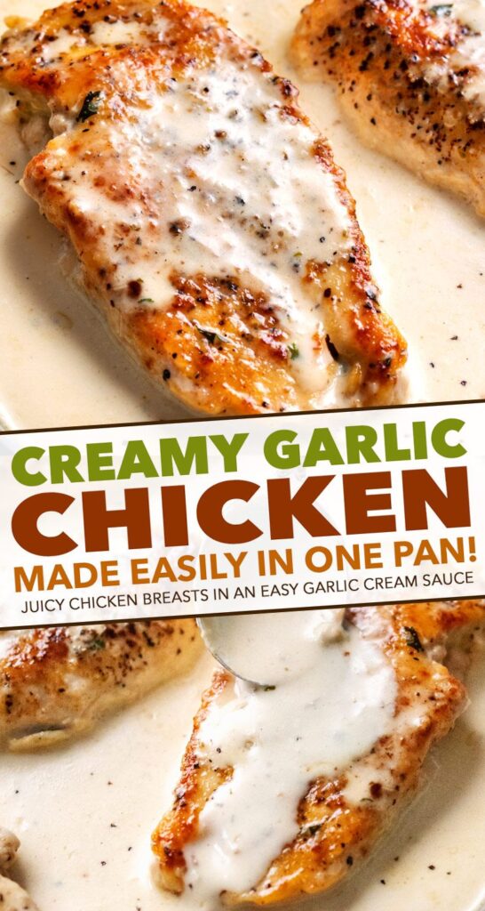 One Pan Creamy Garlic Chicken Breasts Tender chicken breasts smothered in a rich garlic cream sauce, all made in the same pan, and ready in less than 30 minutes! #easyrecipe #weeknightdinner #dinnerrecipe #chicken #garlic #creamy #onepan #onepot #skilletmeal