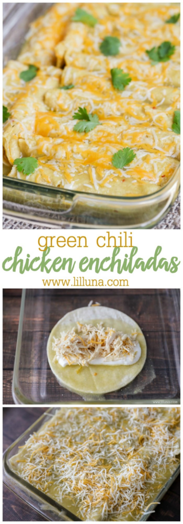   One of our favorite Mexican dishes - Green Chile Chicken Enchiladas recipe!! Corn tortillas stuffed with chicken, cheese, las palmas green chile enchilada sauce, sour cream, and green chiles, topped with more sauce and cheese! The whole family loves these easy chicken enchiladas!