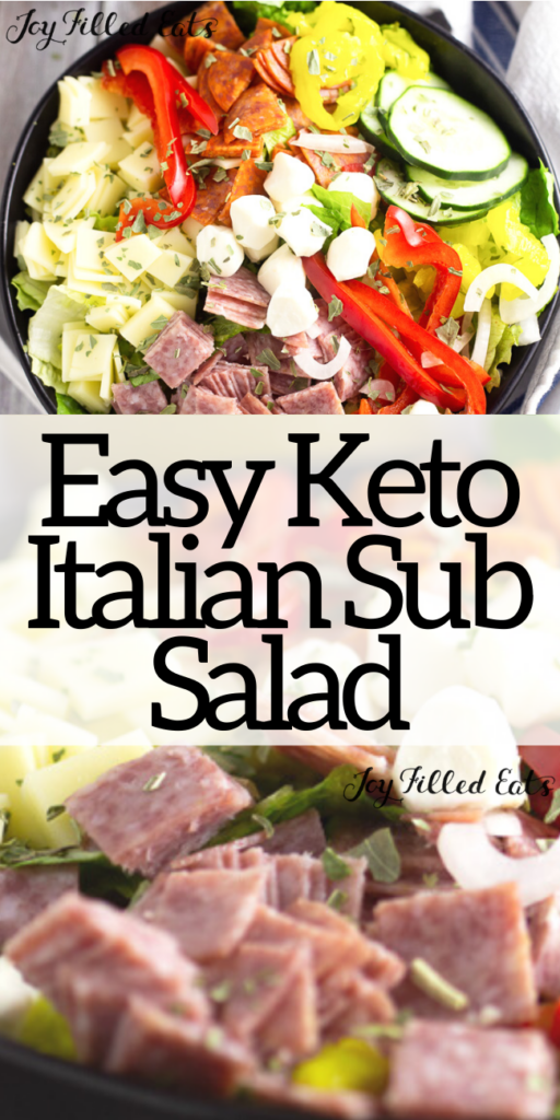  This Italian Salad will wow your friends at your next barbecue with a myriad of flavors from vegetables, cheeses, and meats splashed with a homemade red wine vinegar dressing. It tastes just like an Italian Sub! It is the perfect antipasto salad for any occasion. This easy recipe is low carb, keto, gluten-free, grain-free, sugar-free, and Trim Healthy Mama friendly.