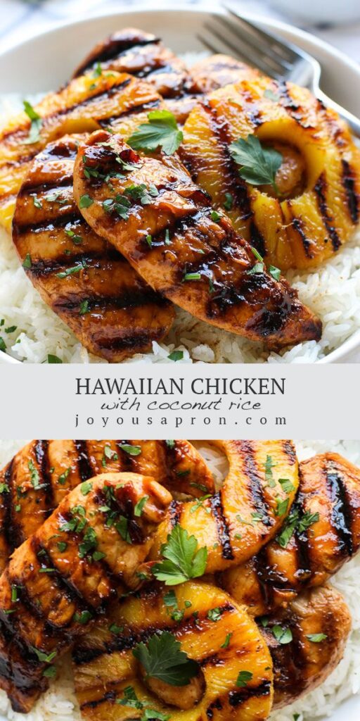 Hawaiian Chicken, Pineapple and Coconut Rice - delicious Polynesian dinner! A flavorful and easy recipe combining grilled or pan fried chicken, grilled pineapple and coconut rice. A yummy Spring and Summer meal filled with tropical flavors! #dinner #easydinner #chicken #pineapple #rice #tropical #Spring #Summer #grilling #grilled #meal #recipe #joyousapron