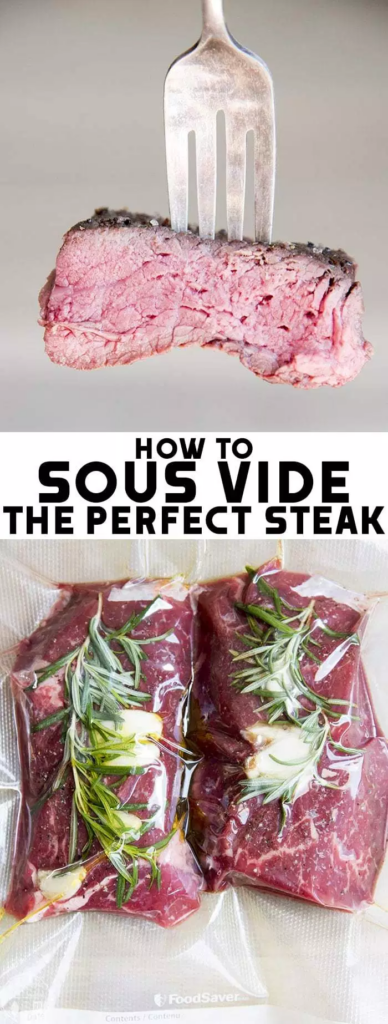 These sous vide steak recipe is the perfect way to prepare a steak exactly how you want it done. The steak gets packed full of fresh flavor from the salt and pepper, garlic, and fresh herbs that are vacuum-sealed into the bag with the steak. The steak is then seared to give it a nice crisp edge and then enjoyed. 
