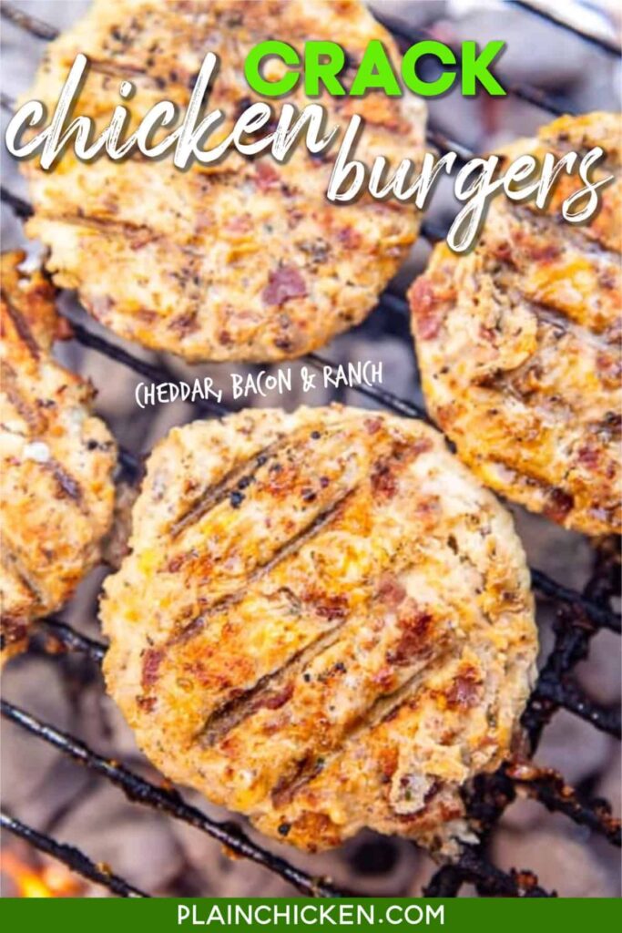 Crack Chicken Burgers - the BEST ground chicken burger EVER!!! Ground chicken, cheddar cheese, bacon, ranch dressing mix.