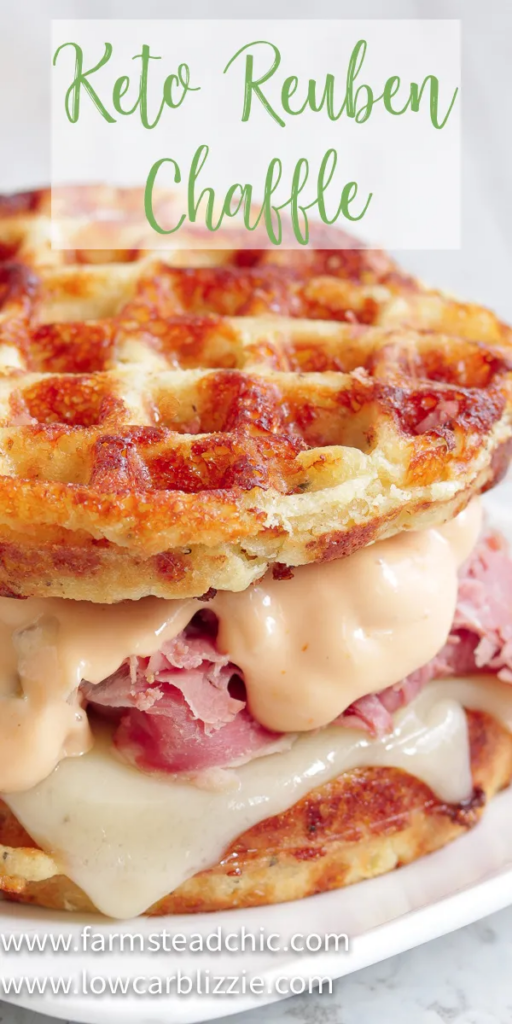  The perfect grilled, buttery Chaffle bread, shaved corn beef, juicy sauerkraut, melty Swiss cheese and Thousand Island dressing make this Keto Reuben Chaffle taste better than the real thing without all the harmful additives and questionable ingredients. #ketoreuben #reubenchaffle #lowcarbreuben #lowcarbsandwich #chaffle #farmsteadchic