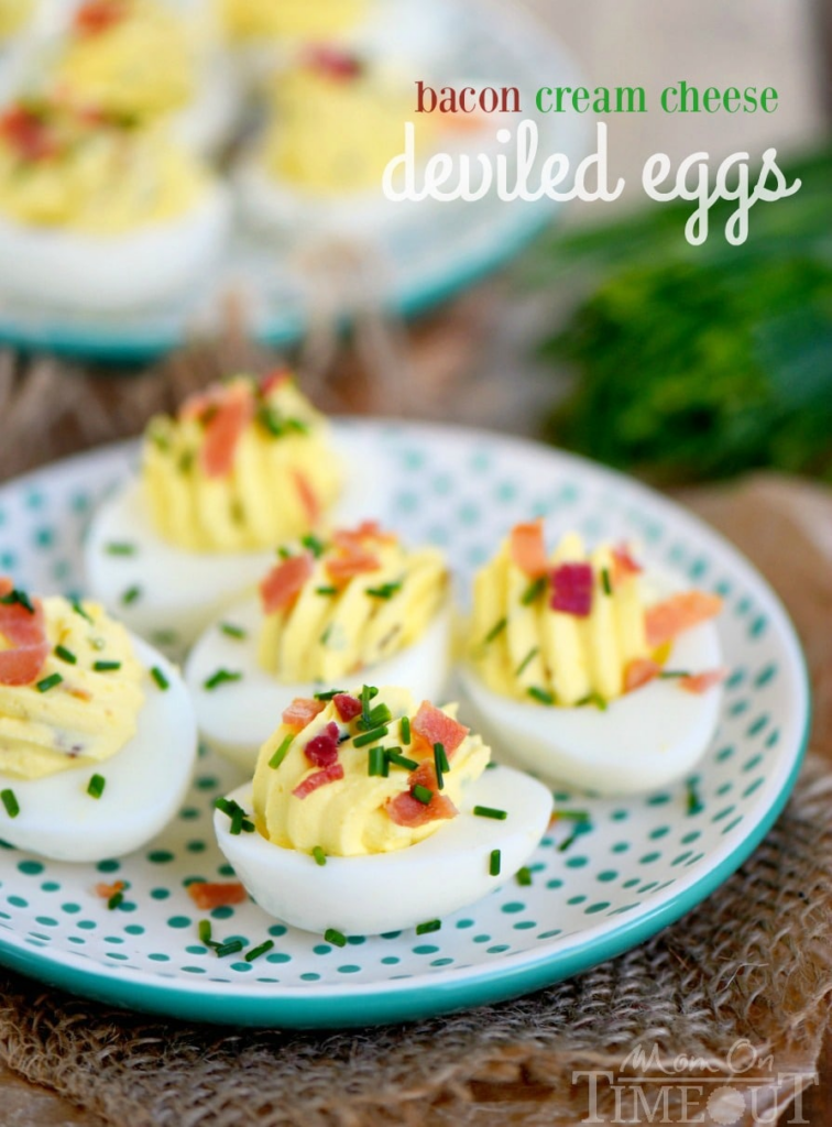 Bacon Cream Cheese Deviled Eggs are delightfully creamy and perfectly savory with the addition of bacon and chives! The perfect appetizer for all parties!