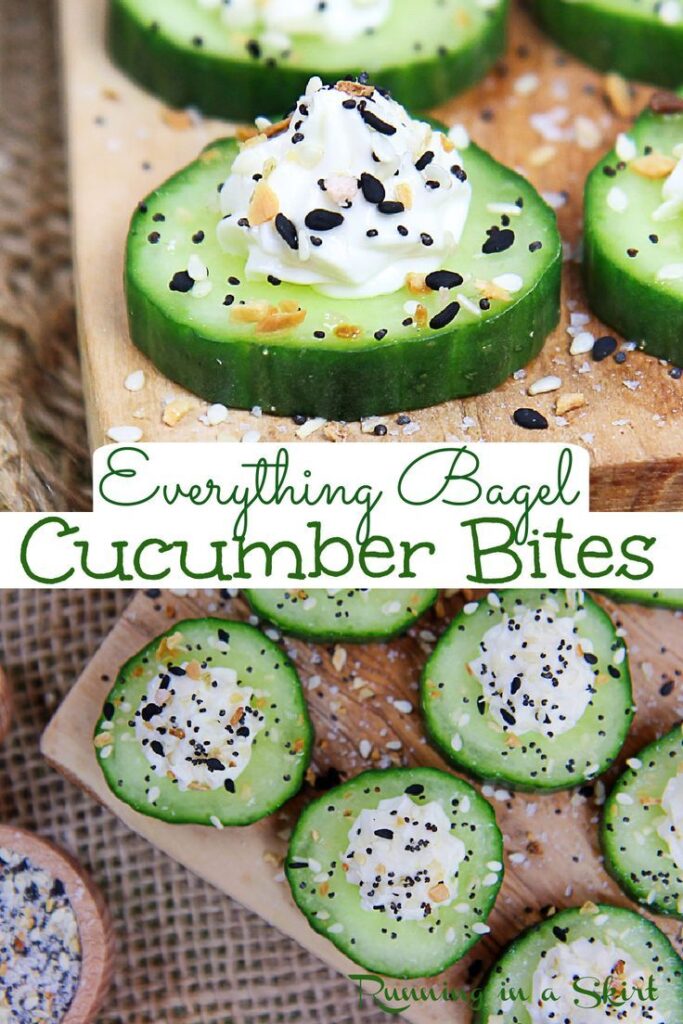 Everything Bagel Cucumber Bites recipe - The Best Cucumber with Everything Bagel Seasoning. The perfect healthy cucumber snack with cream cheese, greek yogurt and Everything But the Bagel Seasoning. Healthy, vegetarian, low carb, low cal, gluten free and keto snack. Also great for simple and easy appetizers or finger food. / Running in a Skirt #glutenfree #keto #healthy #lowcarb #lowcal #appetizer #snack