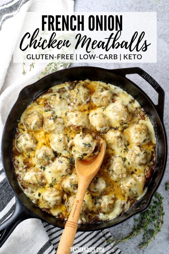 French Onion Chicken Meatballs - flavorful, hearty, and delicious! Chicken meatballs simmered in a French Onion sauce, topped with melted cheese.