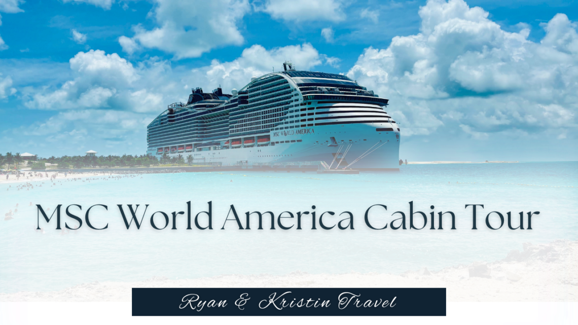 Interior photo of a modern MSC World America balcony cruise cabin featuring a large bed, seating area, and glass doors leading to an ocean view balcony.