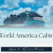 Interior photo of a modern MSC World America balcony cruise cabin featuring a large bed, seating area, and glass doors leading to an ocean view balcony.