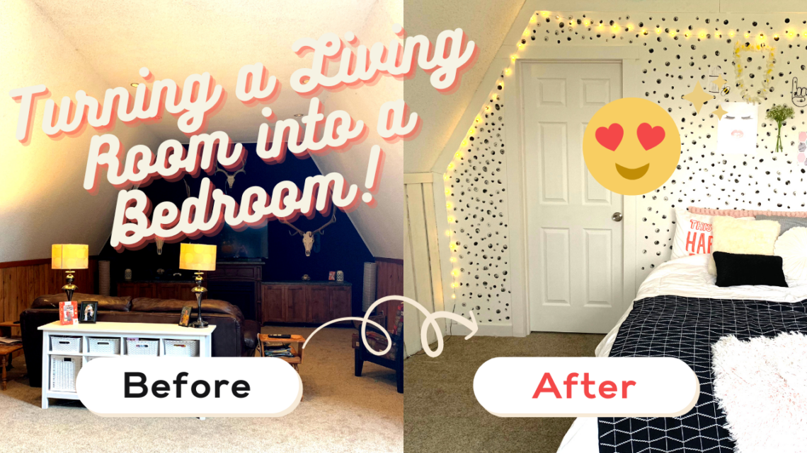 Bright bedroom with a bed and wall-mounted TV, previously a dark media room.
