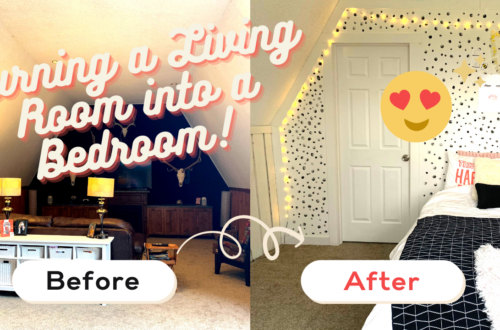 Bright bedroom with a bed and wall-mounted TV, previously a dark media room.